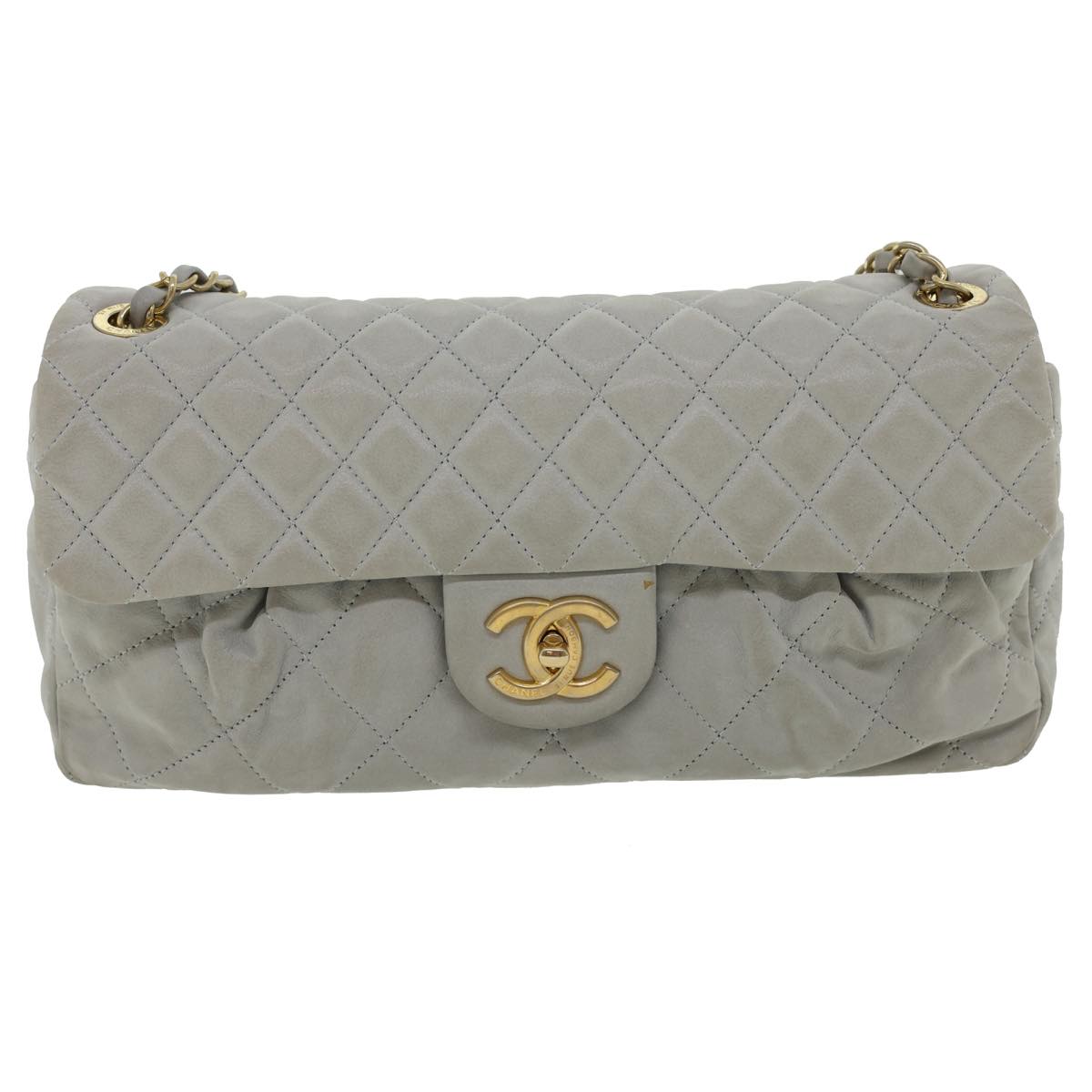CHANEL Lamb Skin Matelasse Double Chain Shoulder Bag Gray CC Auth am1097gV