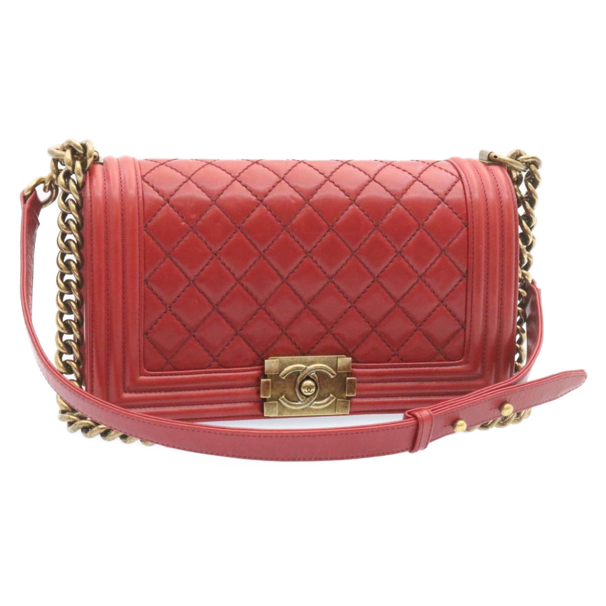 CHANEL Boy Chanel Matelasse Chain Flap Shoulder Bag Leather Red CC Auth knn010