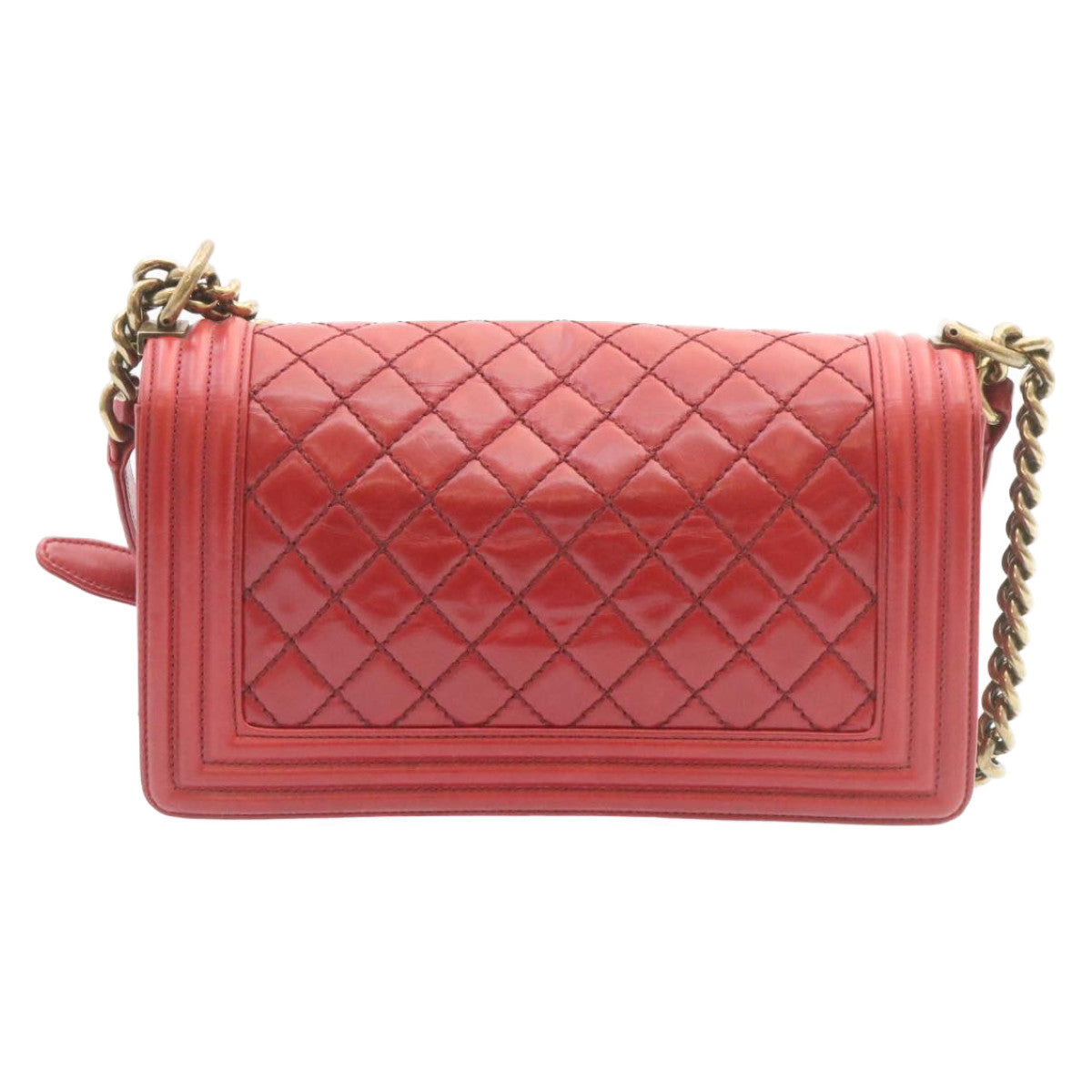 CHANEL Boy Chanel Matelasse Chain Flap Shoulder Bag Leather Red CC Auth knn010