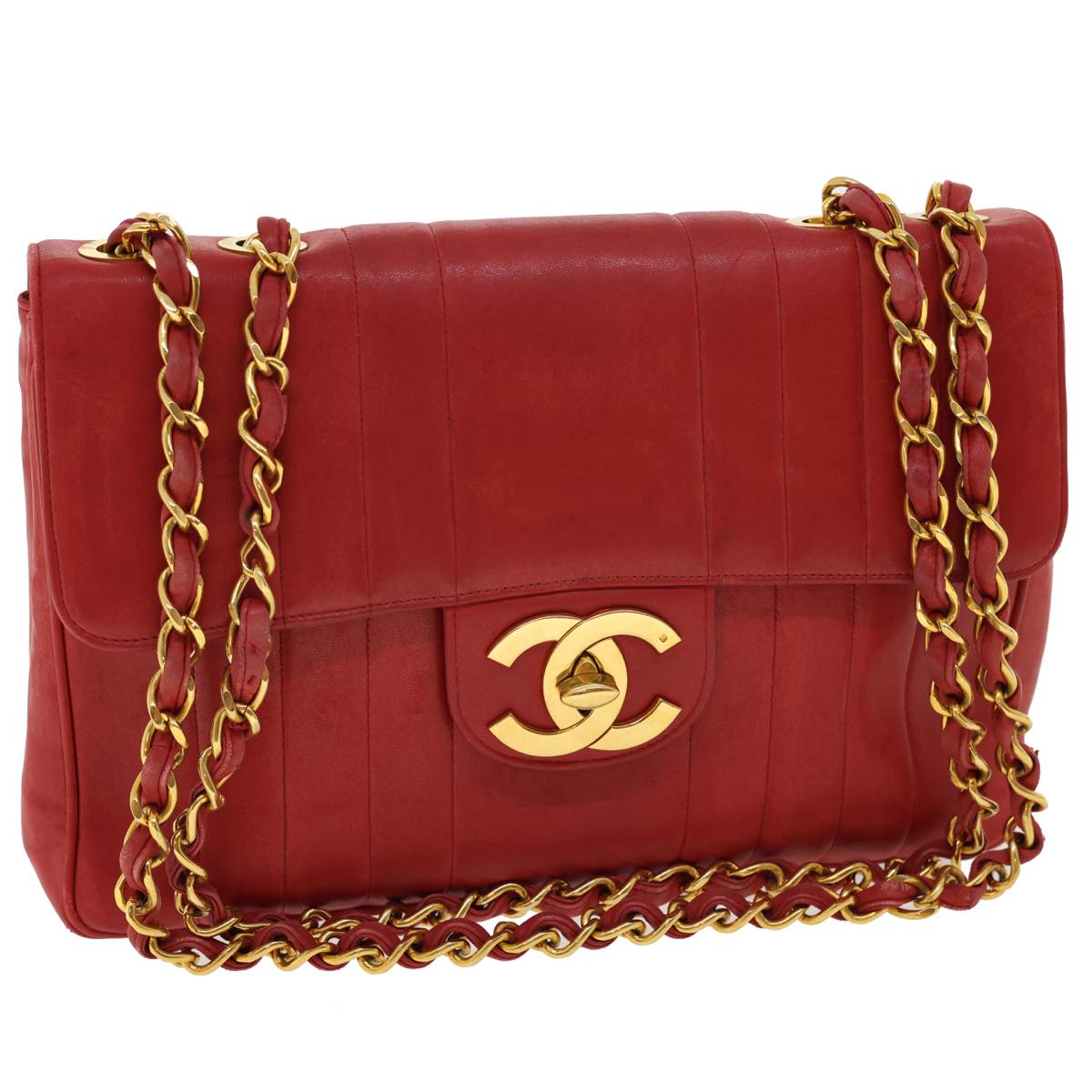 CHANEL Mademoiselle Big Coco Double Chain Shoulder Bag Lamb Skin Red Auth 29129V