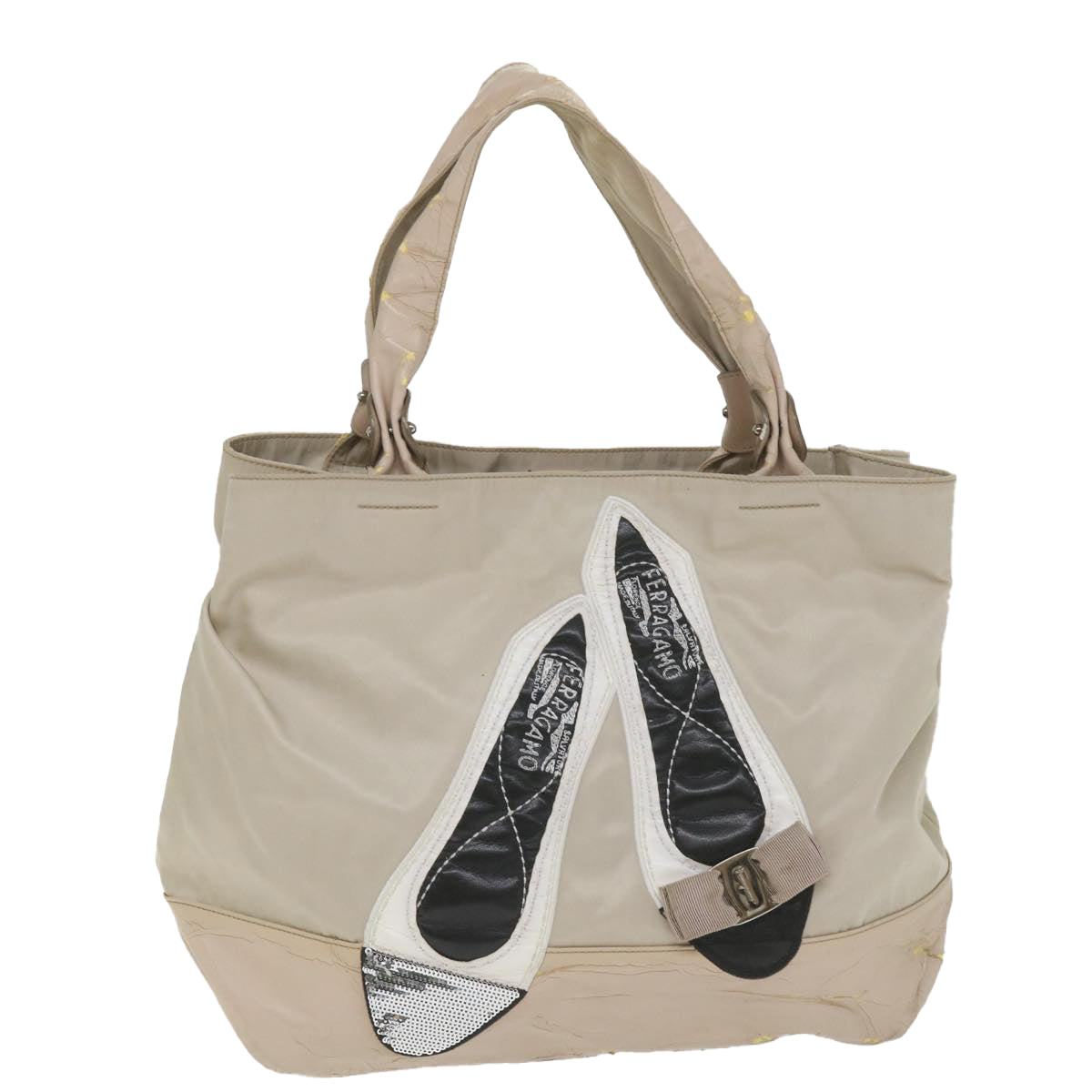 Salvatore Ferragamo Shoulder Bag Nylon patent leather Beige Auth ti1318