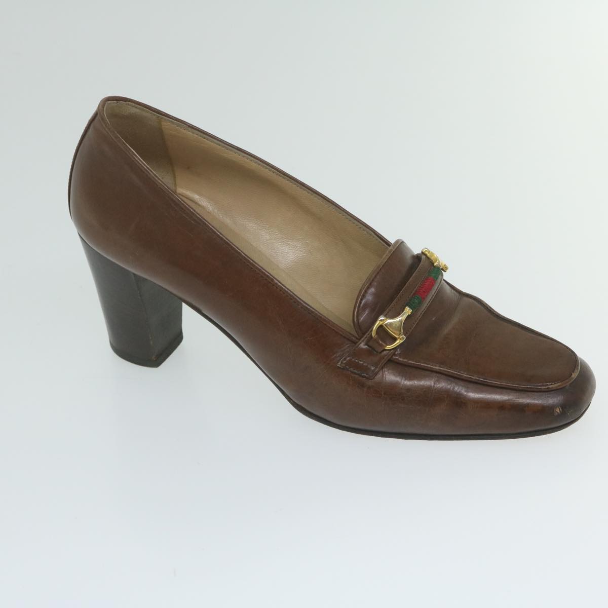 GUCCI Web Sherry Line High Heels Leather 36B Brown Auth ti1401