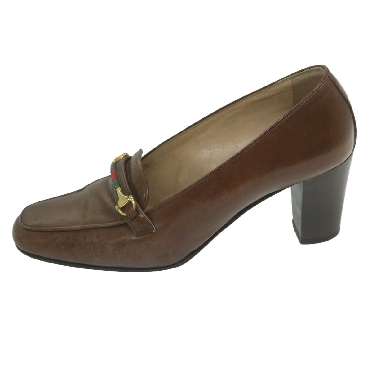 GUCCI Web Sherry Line High Heels Leather 36B Brown Auth ti1401