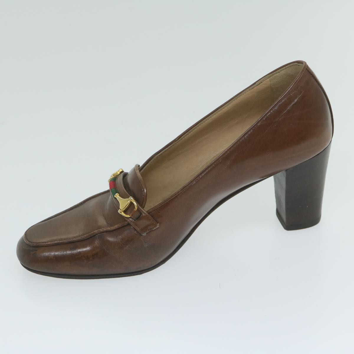 GUCCI Web Sherry Line High Heels Leather 36B Brown Auth ti1401