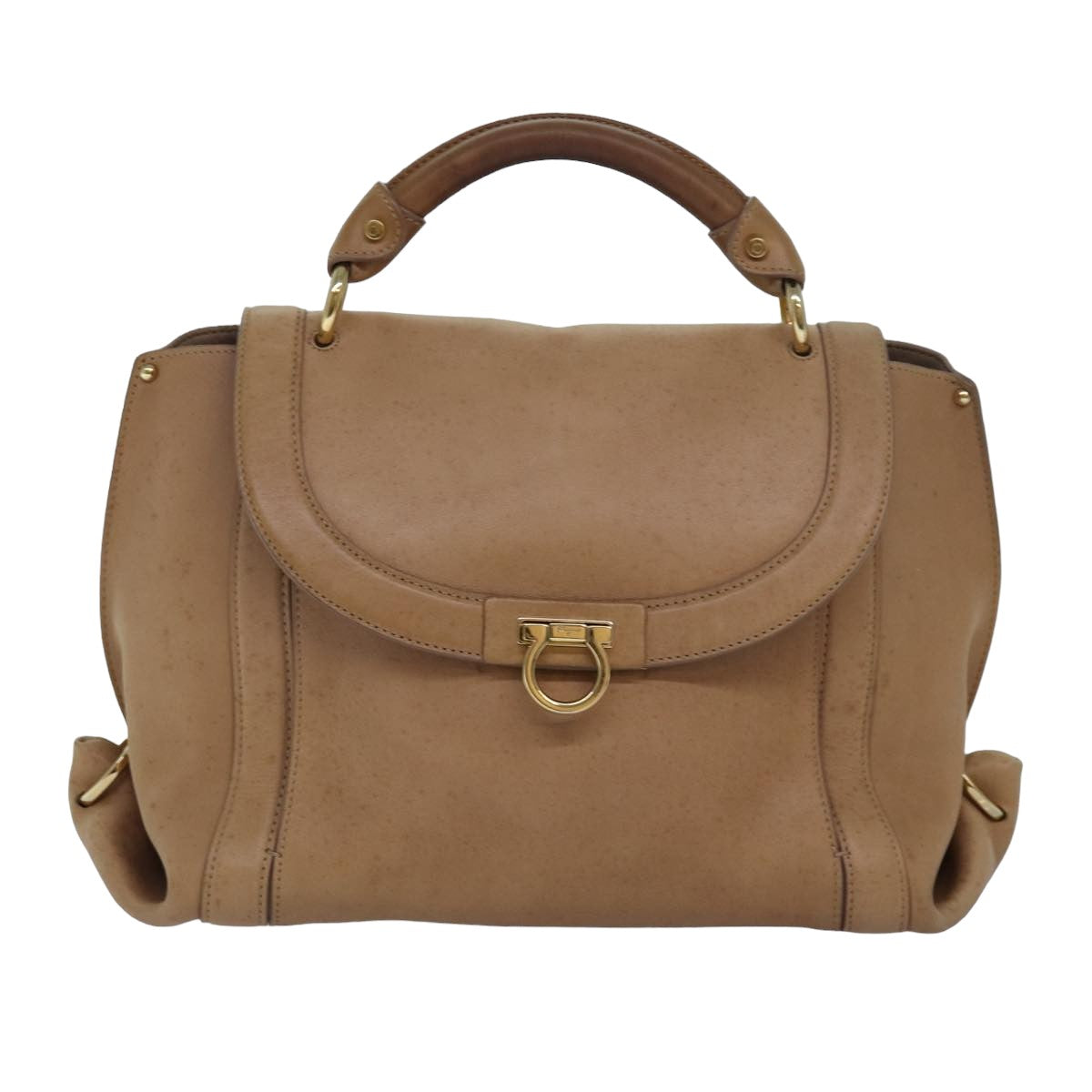 Salvatore Ferragamo Gancini Hand Bag Leather 2way Beige Auth ti1820