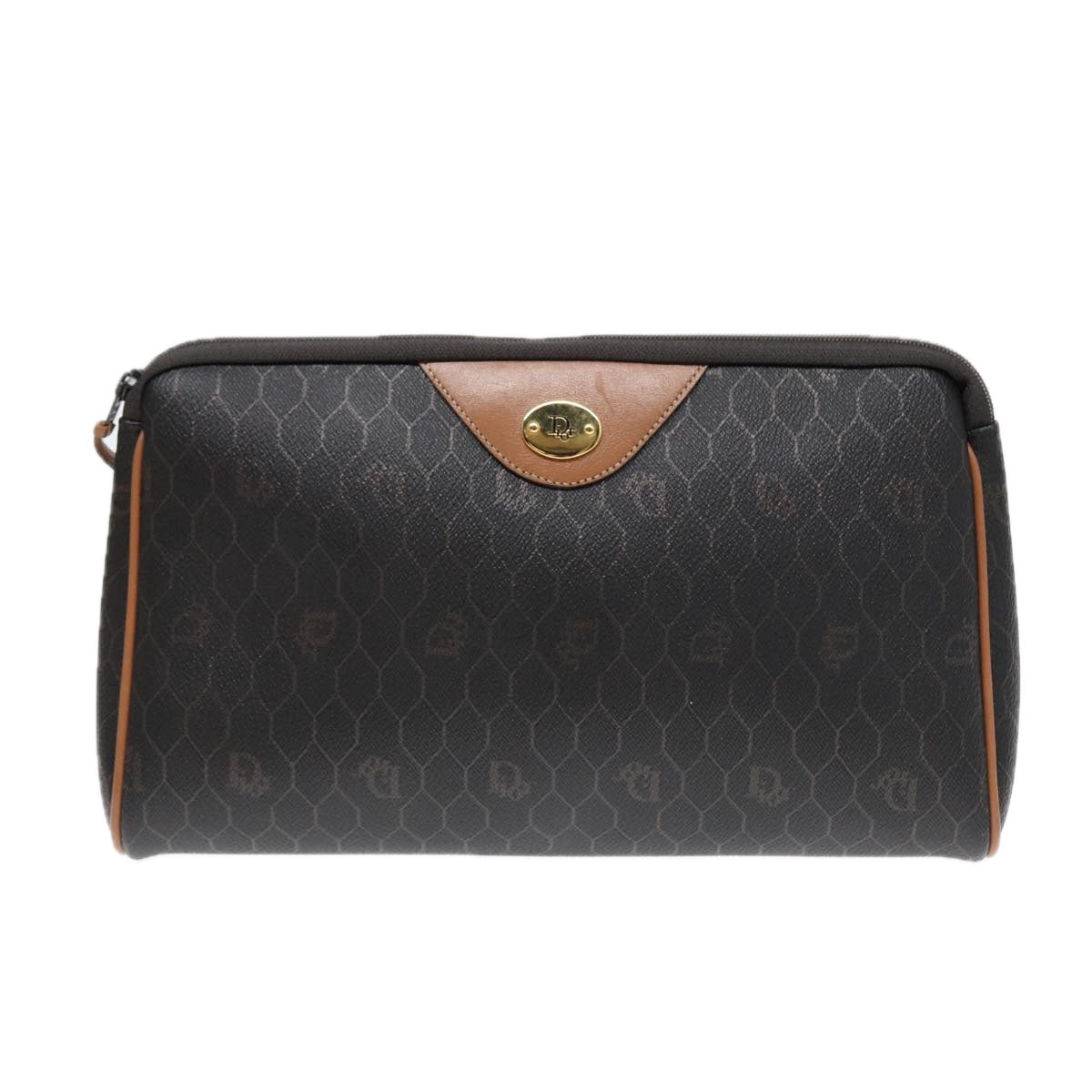 Christian Dior Honeycomb Canvas Clutch Bag PVC Leather Black Gold Auth ti2019
