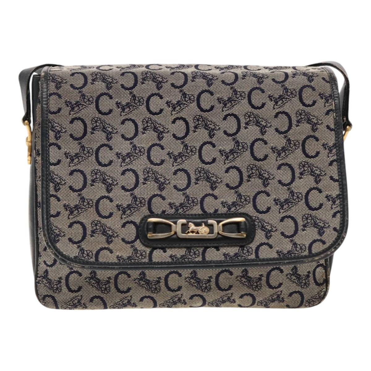 CELINE C Sulky Shoulder Bag Canvas Leather Navy Gold Auth ti2172