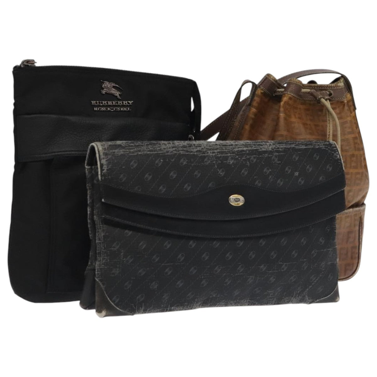 FENDI GUCCI Burberry Zucchino Bag Canvas PVC Enamel 3 Set Black Brown Auth ti2285