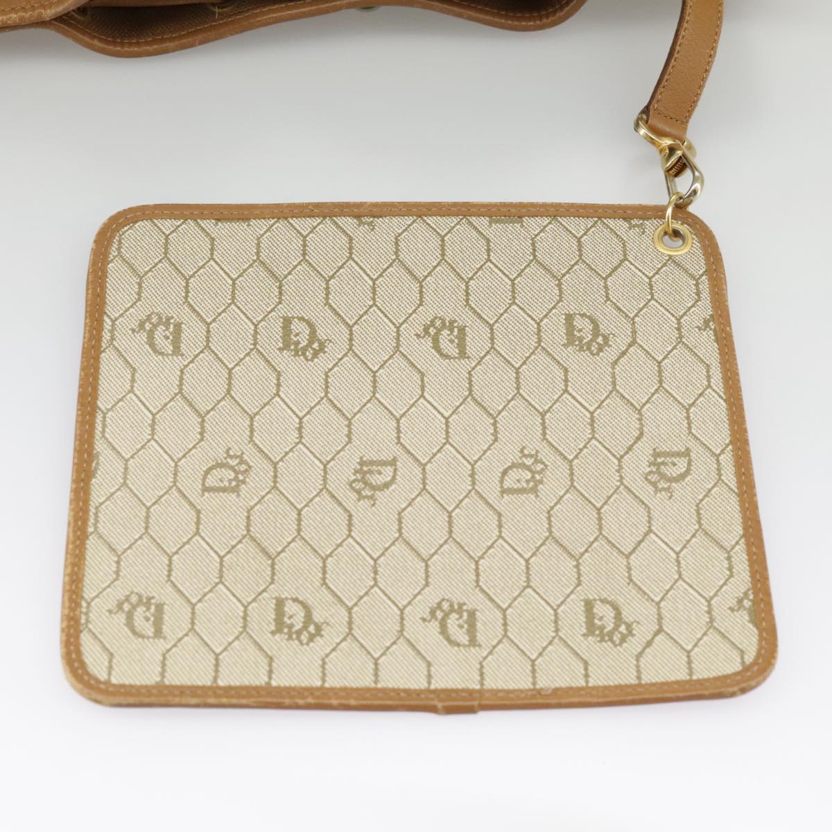 Christian Dior Honeycomb Canvas Shoulder Bag PVC Leather Beige Gold Auth ti2353