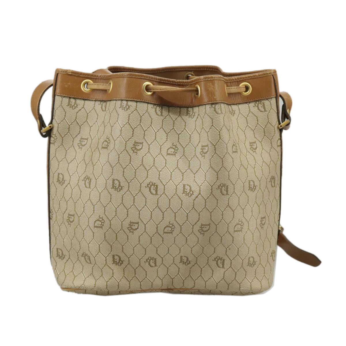 Christian Dior Honeycomb Canvas Shoulder Bag PVC Leather Beige Gold Auth ti2353