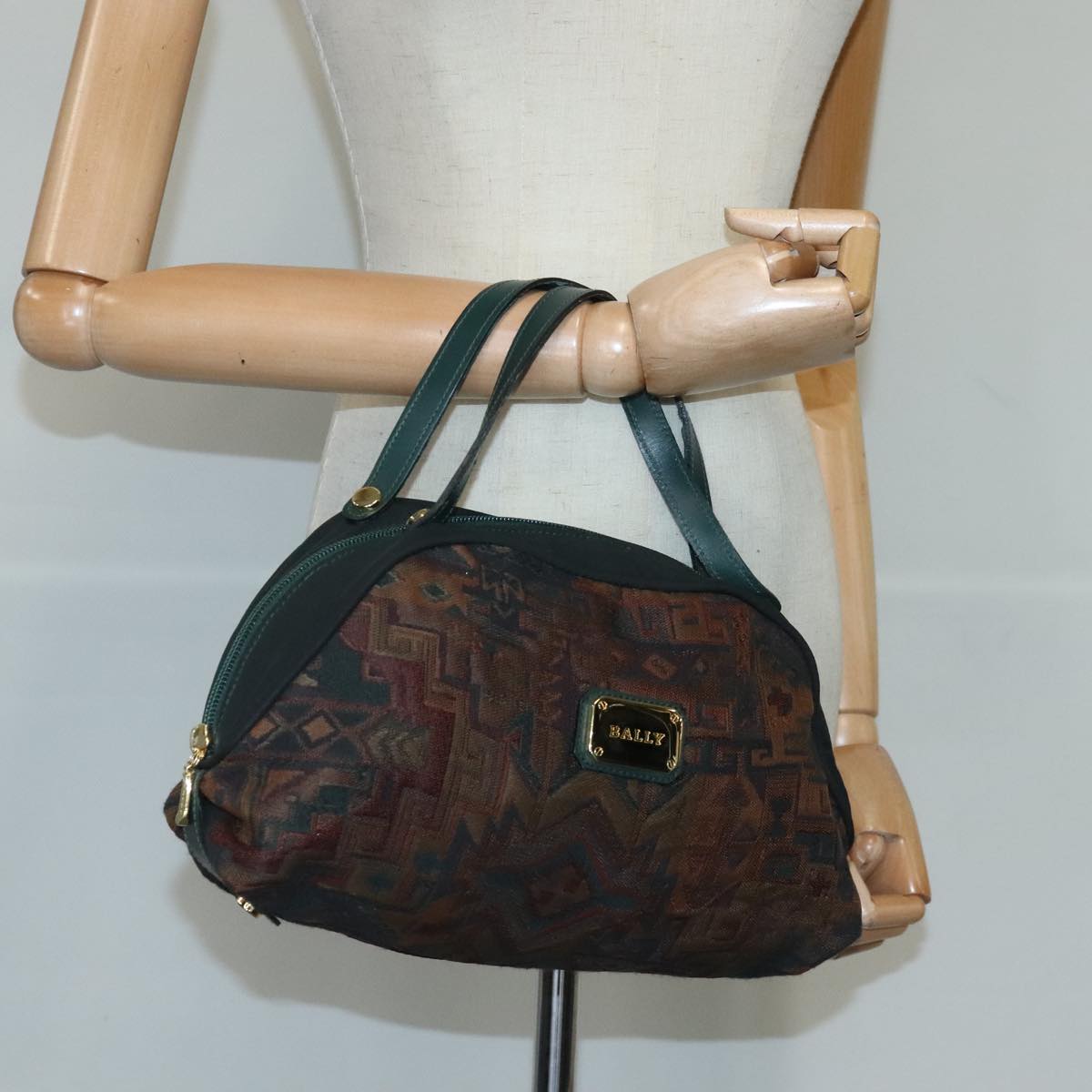 BALLY Hand Bag Canvas Green Brown Auth ti2363