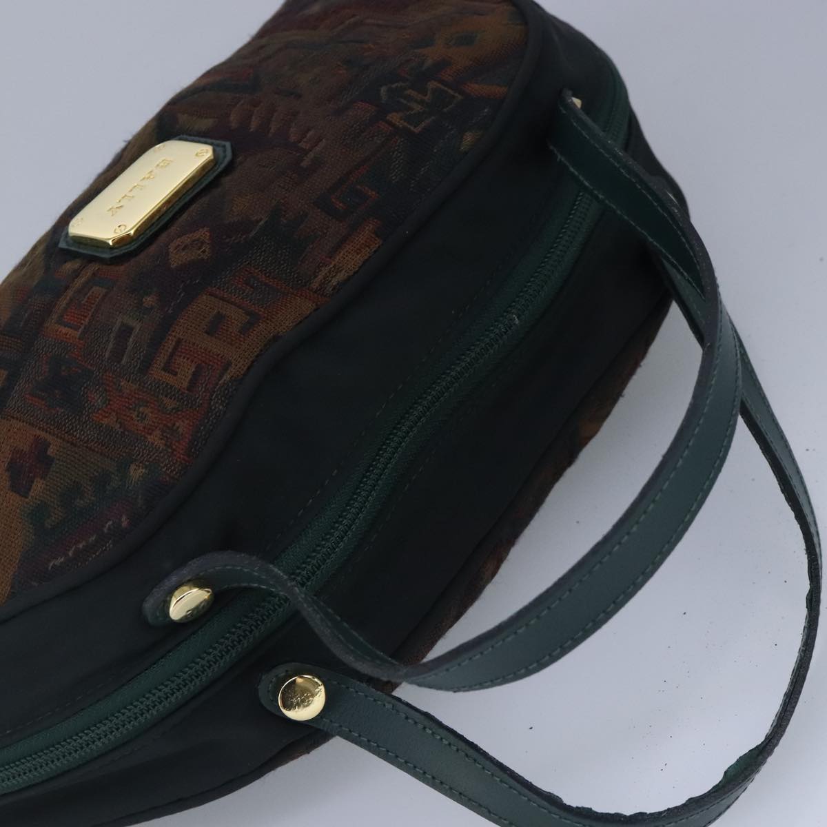 BALLY Hand Bag Canvas Green Brown Auth ti2363