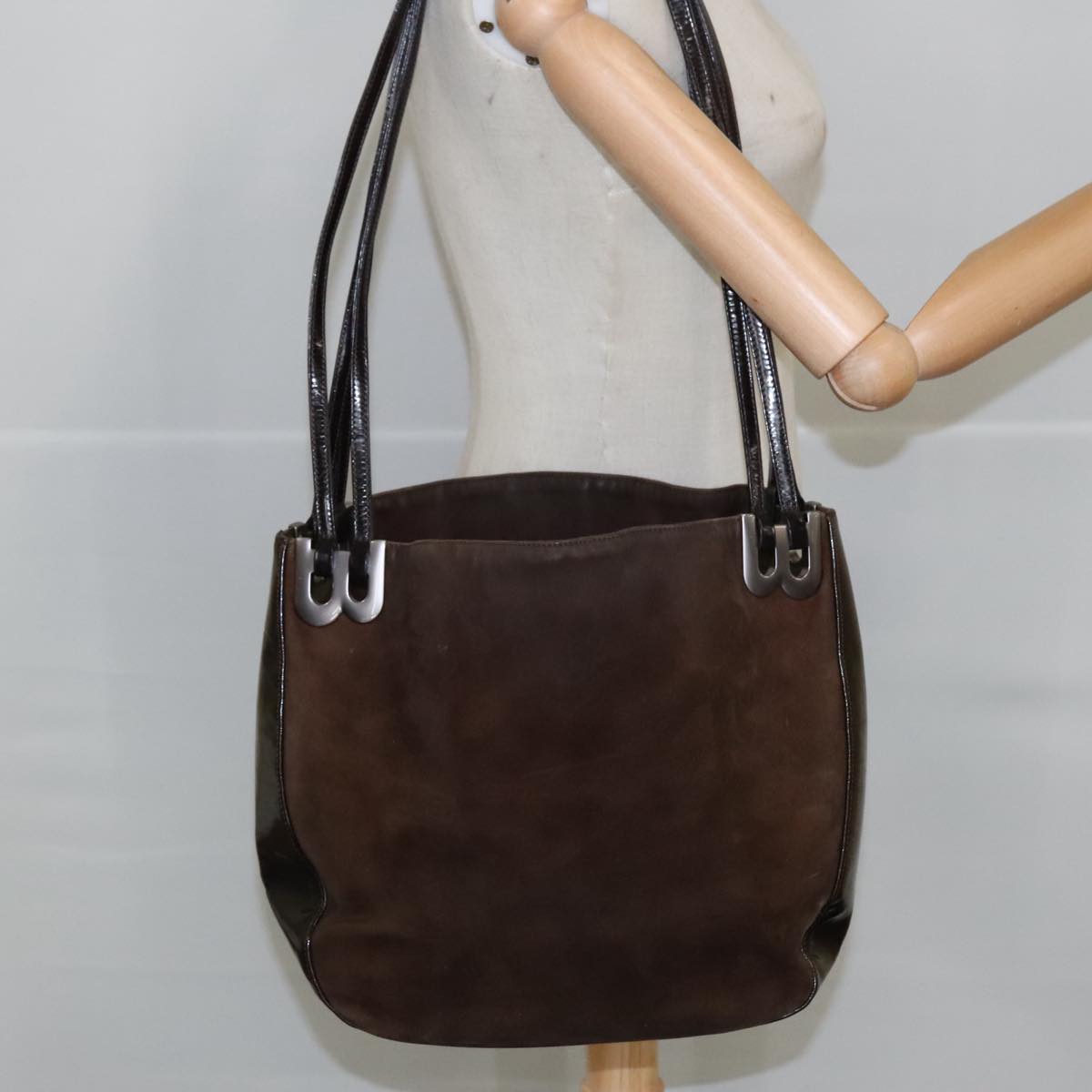 BALLY Shoulder Bag Suede Leather Brown Black Auth ti2366
