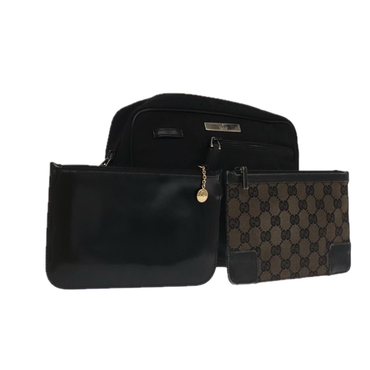 GUCCI GG Canvas Clutch Bag Leather 3 Set Black Auth ti2507