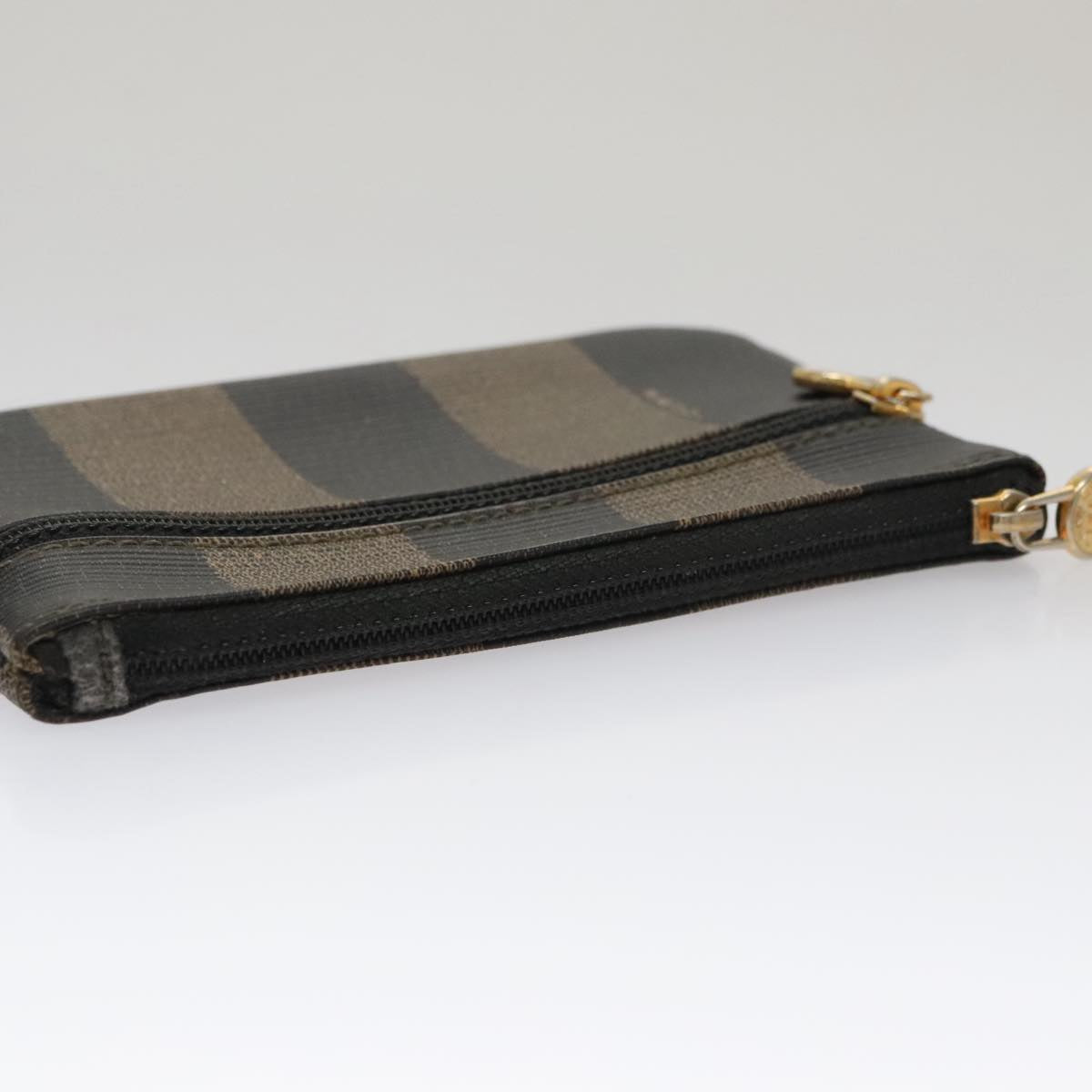 FENDI Pecan Canvas Pouch PVC Black Brown Gold Auth ti2537