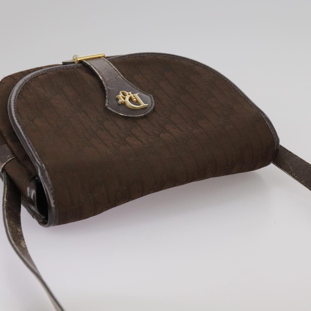 Christian Dior Trotter Canvas Shoulder Bag Brown Gold Auth ti2539