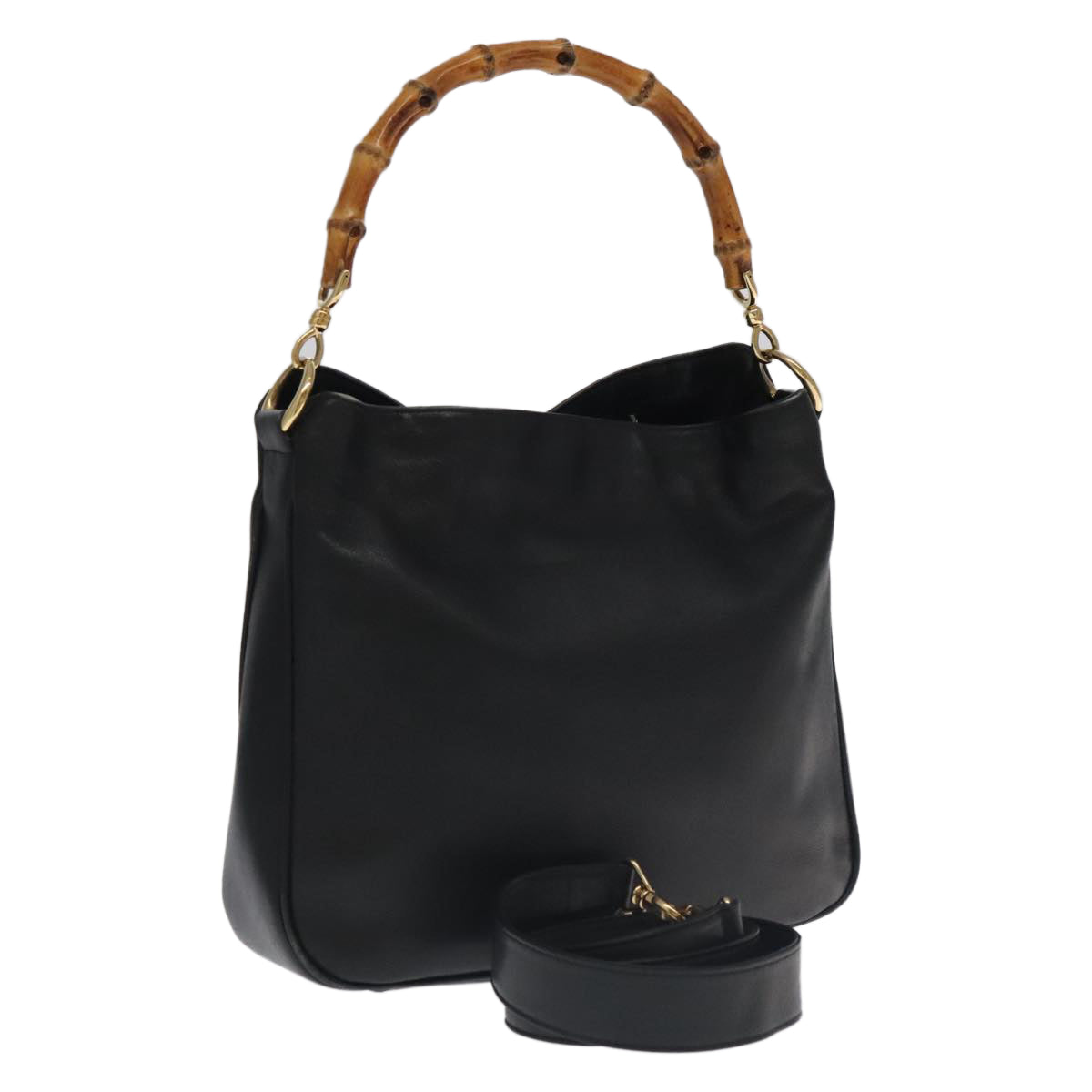 GUCCI Bamboo Hand Bag Leather 2way Black Gold 001 3754 1638 Auth ti2587