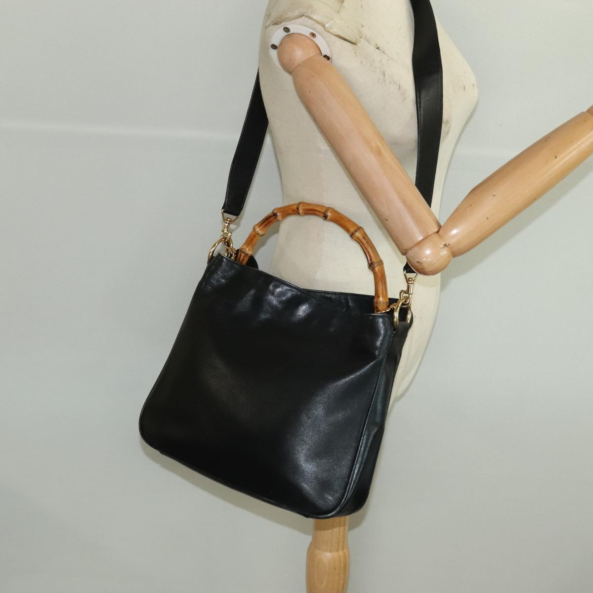 GUCCI Bamboo Hand Bag Leather 2way Black Gold 001 3754 1638 Auth ti2587