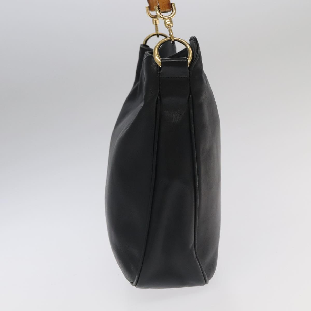 GUCCI Bamboo Hand Bag Leather 2way Black Gold 001 3754 1638 Auth ti2587