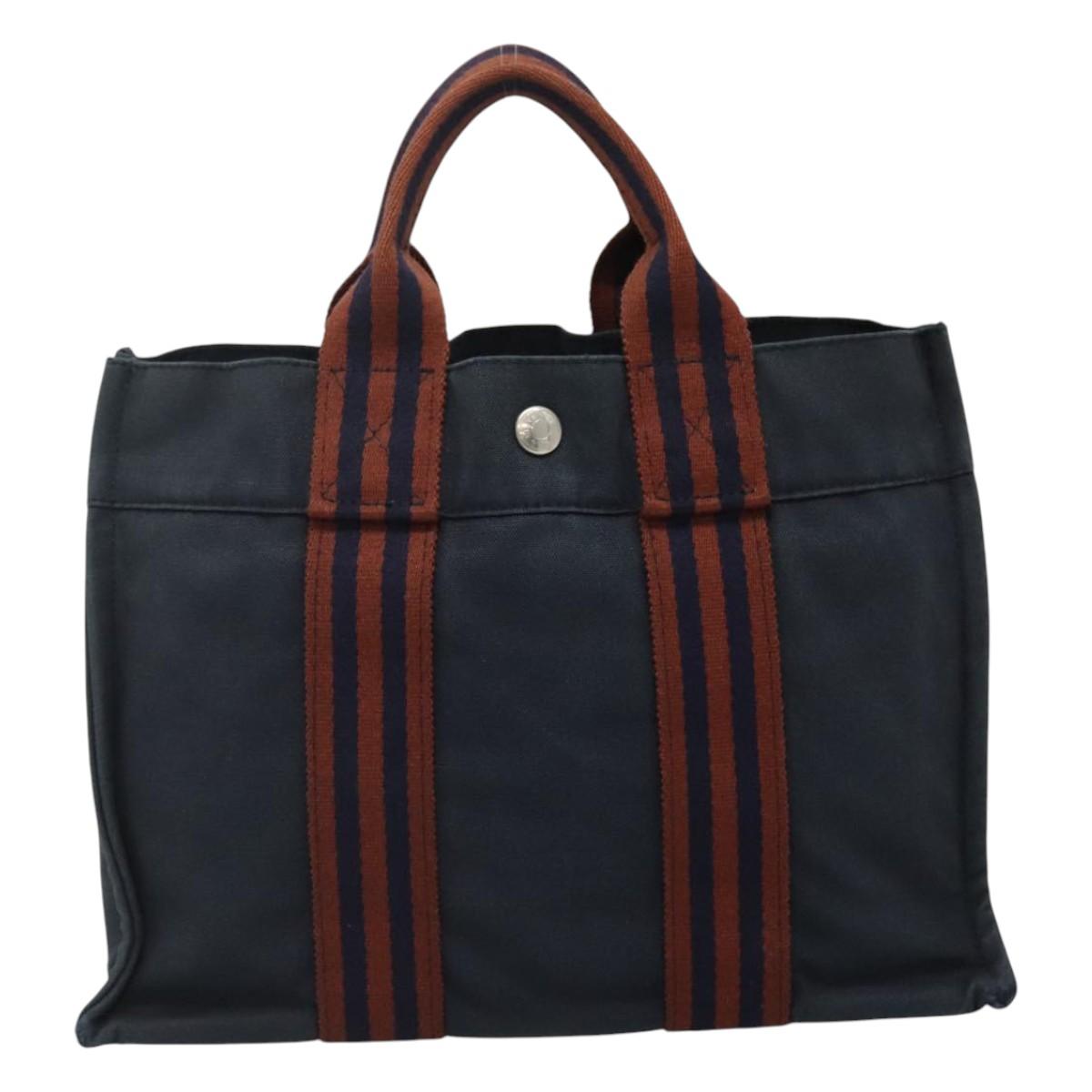 HERMES Fourre Tout PM Hand Bag Canvas Navy Brown Auth ti2734