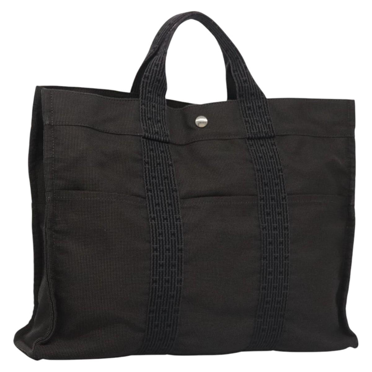 HERMES Her Line MM Hand Bag Canvas Gray Silver Auth ti2757