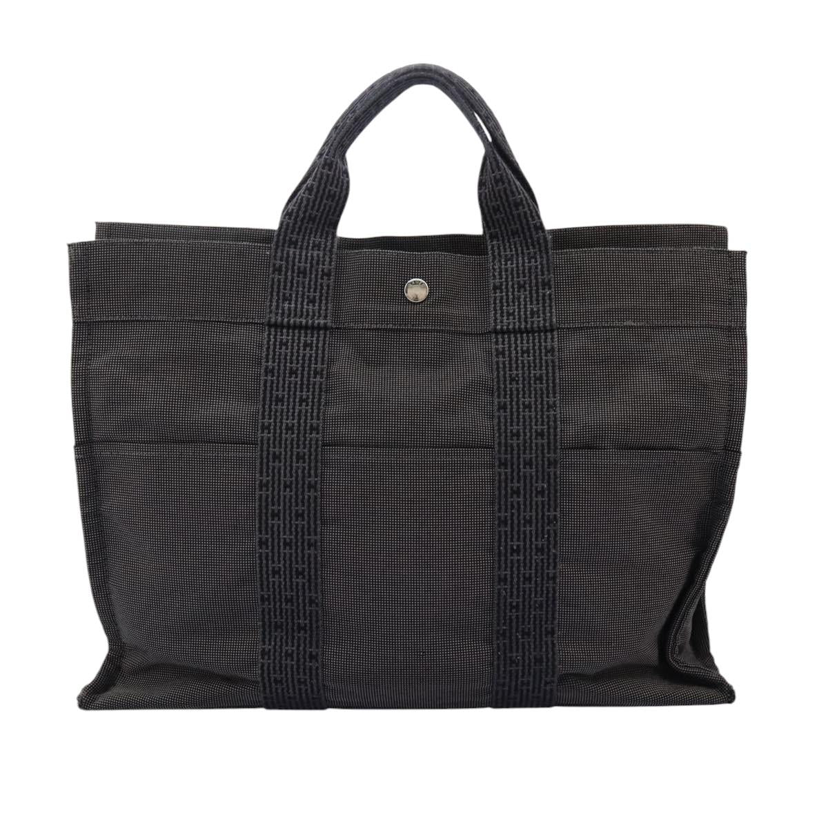 HERMES Her Line MM Hand Bag Canvas Gray Silver Auth ti2761