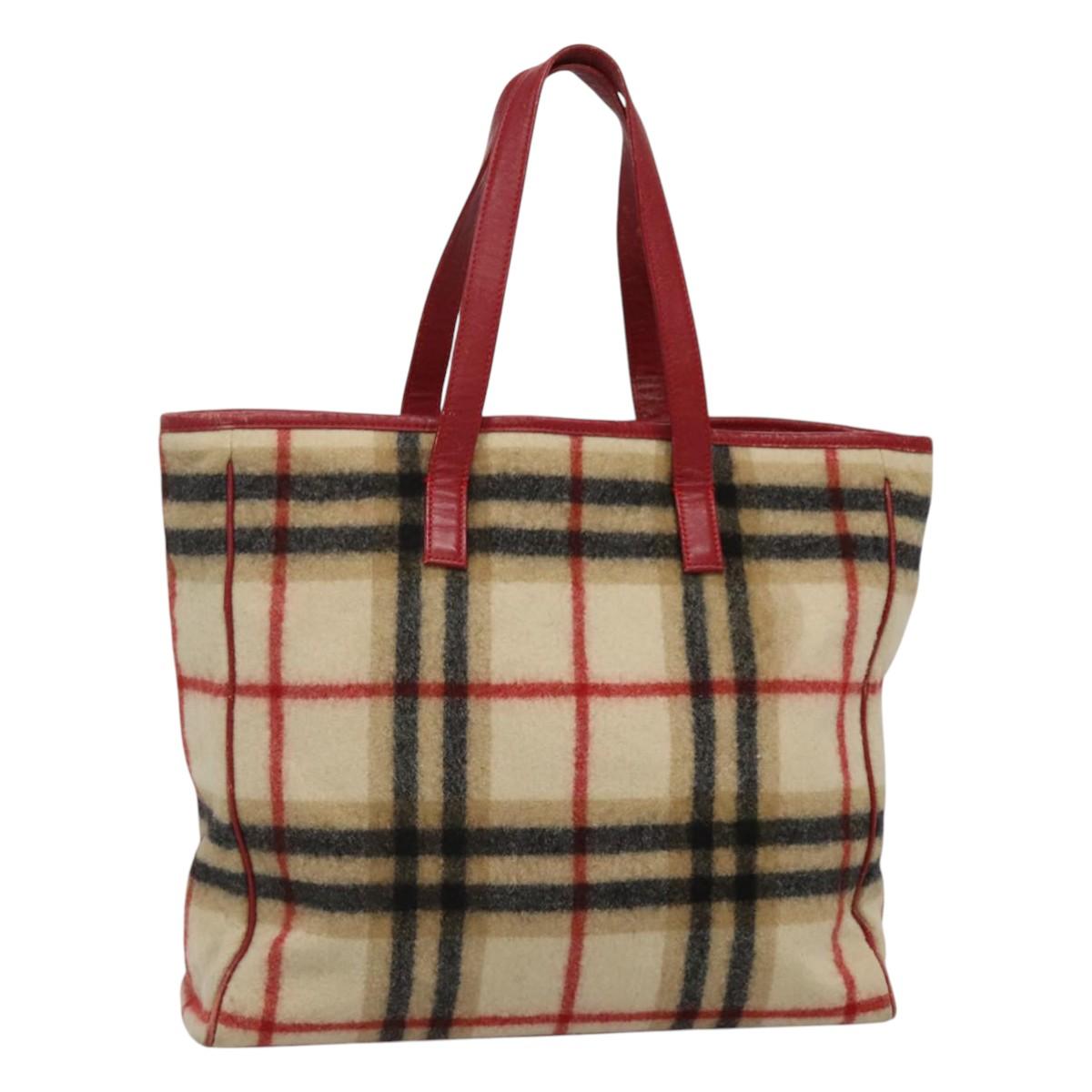 Burberrys Nova Check Blue Label Tote Bag Wool Beige Auth ti2789