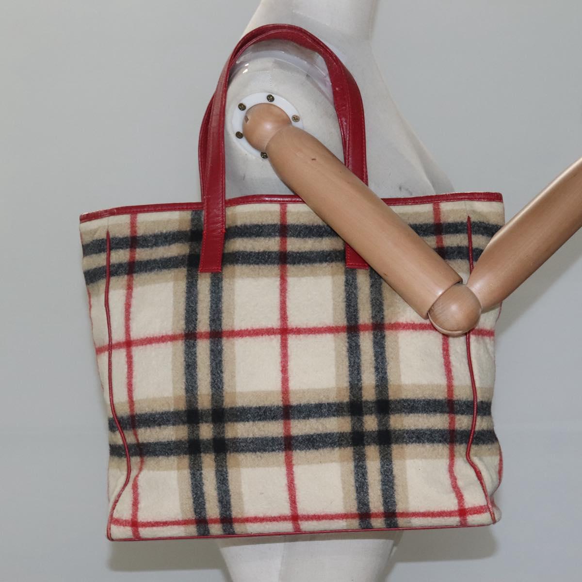 Burberrys Nova Check Blue Label Tote Bag Wool Beige Auth ti2789