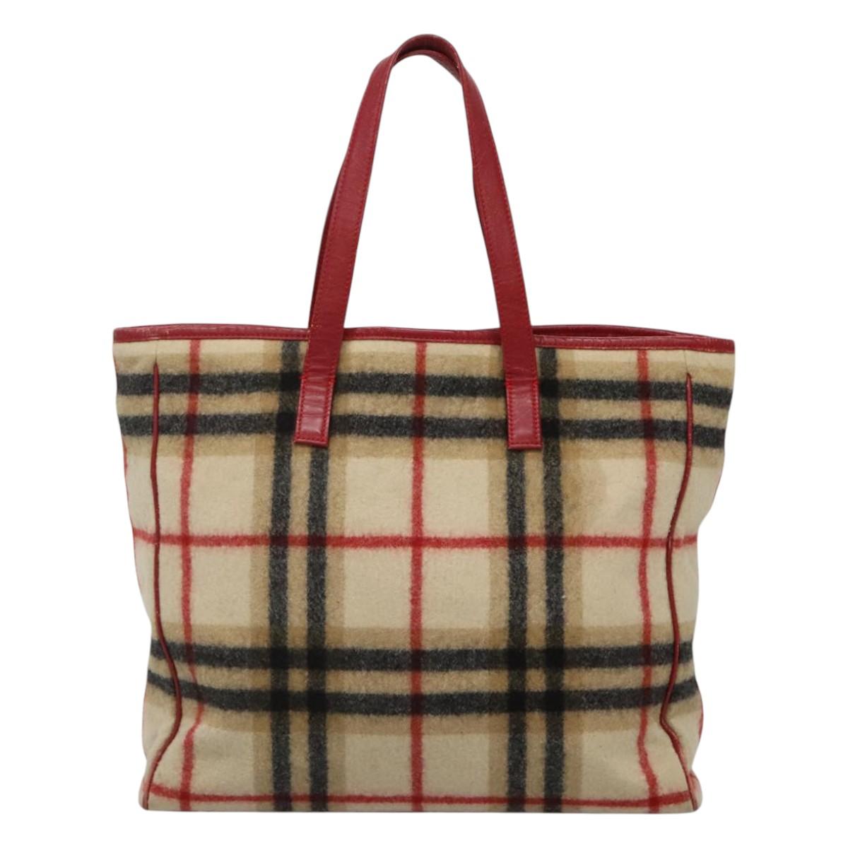 Burberrys Nova Check Blue Label Tote Bag Wool Beige Auth ti2789