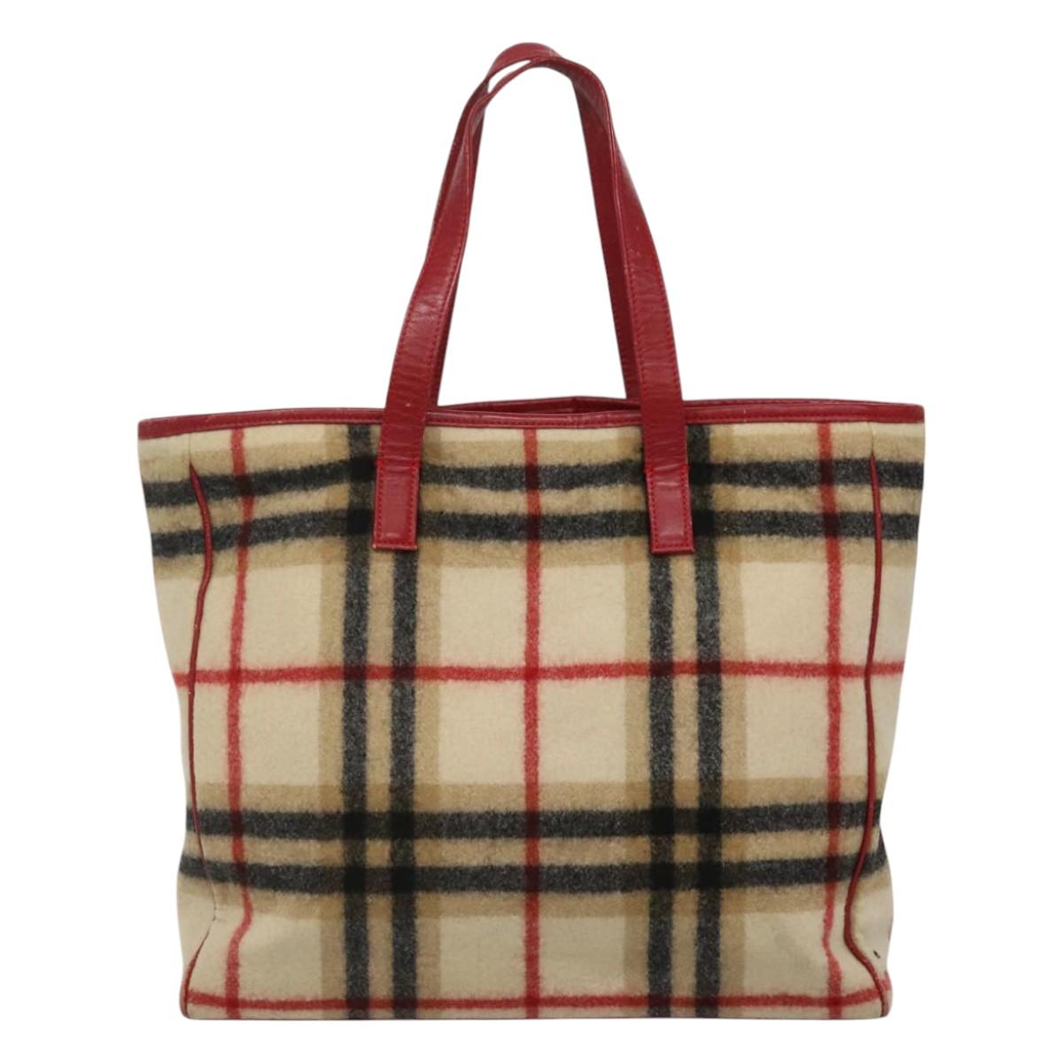 Burberrys Nova Check Blue Label Tote Bag Wool Beige Auth ti2789