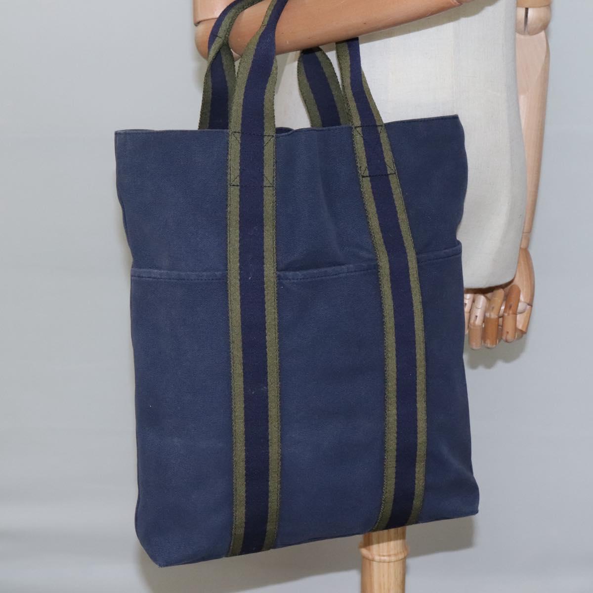 HERMES Fourre Tout Cabass Tote Bag Canvas Navy Khaki Auth ti2791