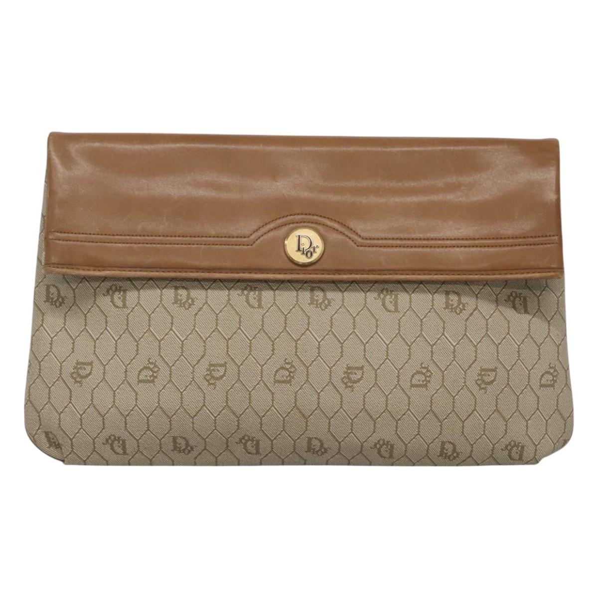 Christian Dior Honeycomb Canvas Clutch Bag PVC Leather Beige Gold Auth ti2820