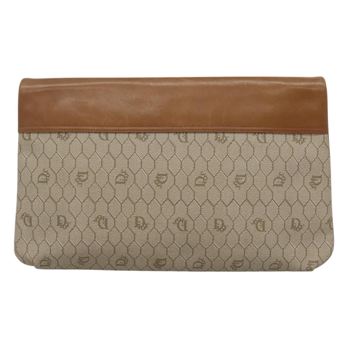 Christian Dior Honeycomb Canvas Clutch Bag PVC Leather Beige Gold Auth ti2820
