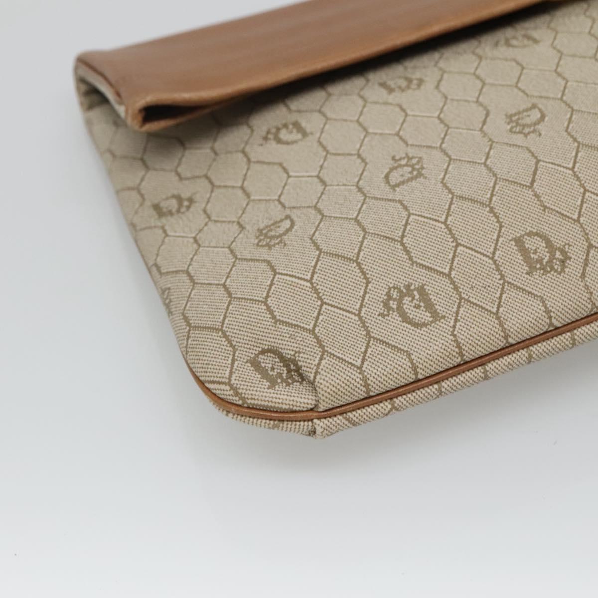 Christian Dior Honeycomb Canvas Clutch Bag PVC Leather Beige Gold Auth ti2820