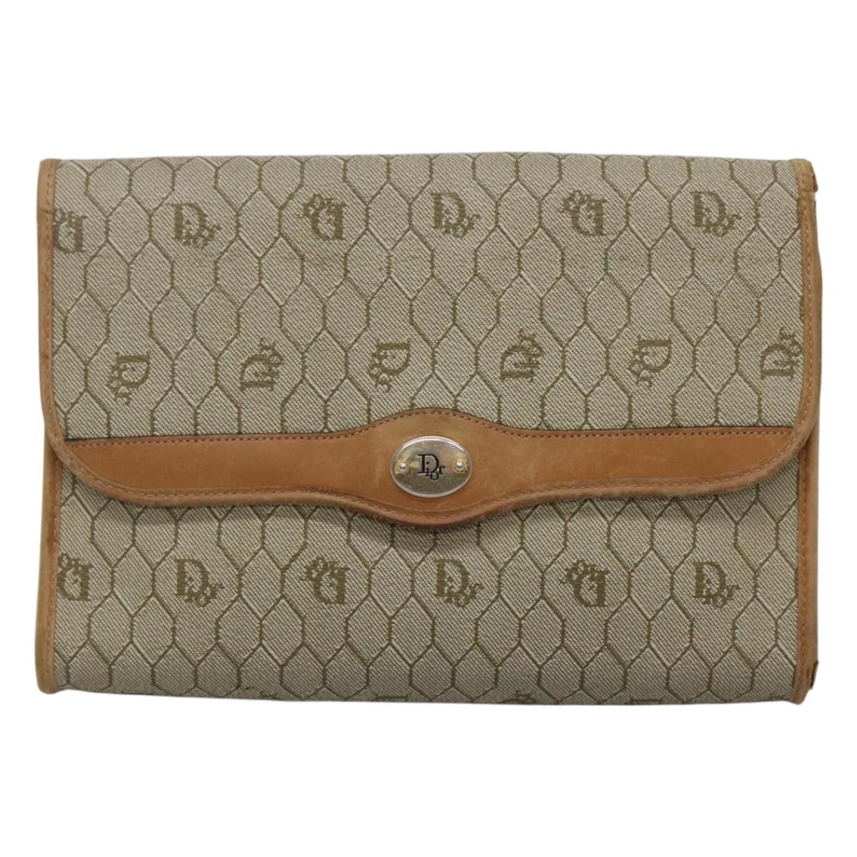 Christian Dior Honeycomb Canvas Chain Shoulder Bag PVC Leather Beige Auth ti2898