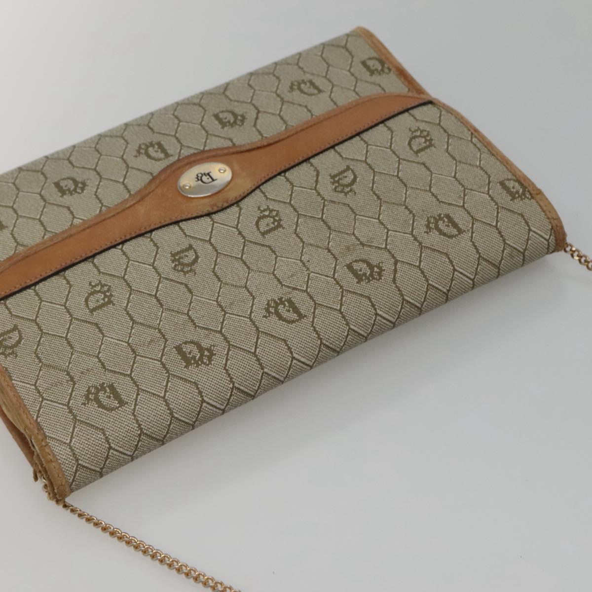 Christian Dior Honeycomb Canvas Chain Shoulder Bag PVC Leather Beige Auth ti2898