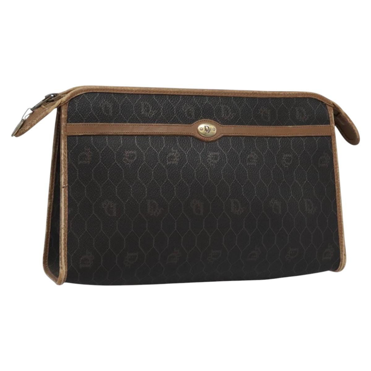 Christian Dior Honeycomb Canvas Clutch Bag PVC Leather Black Auth ti2901