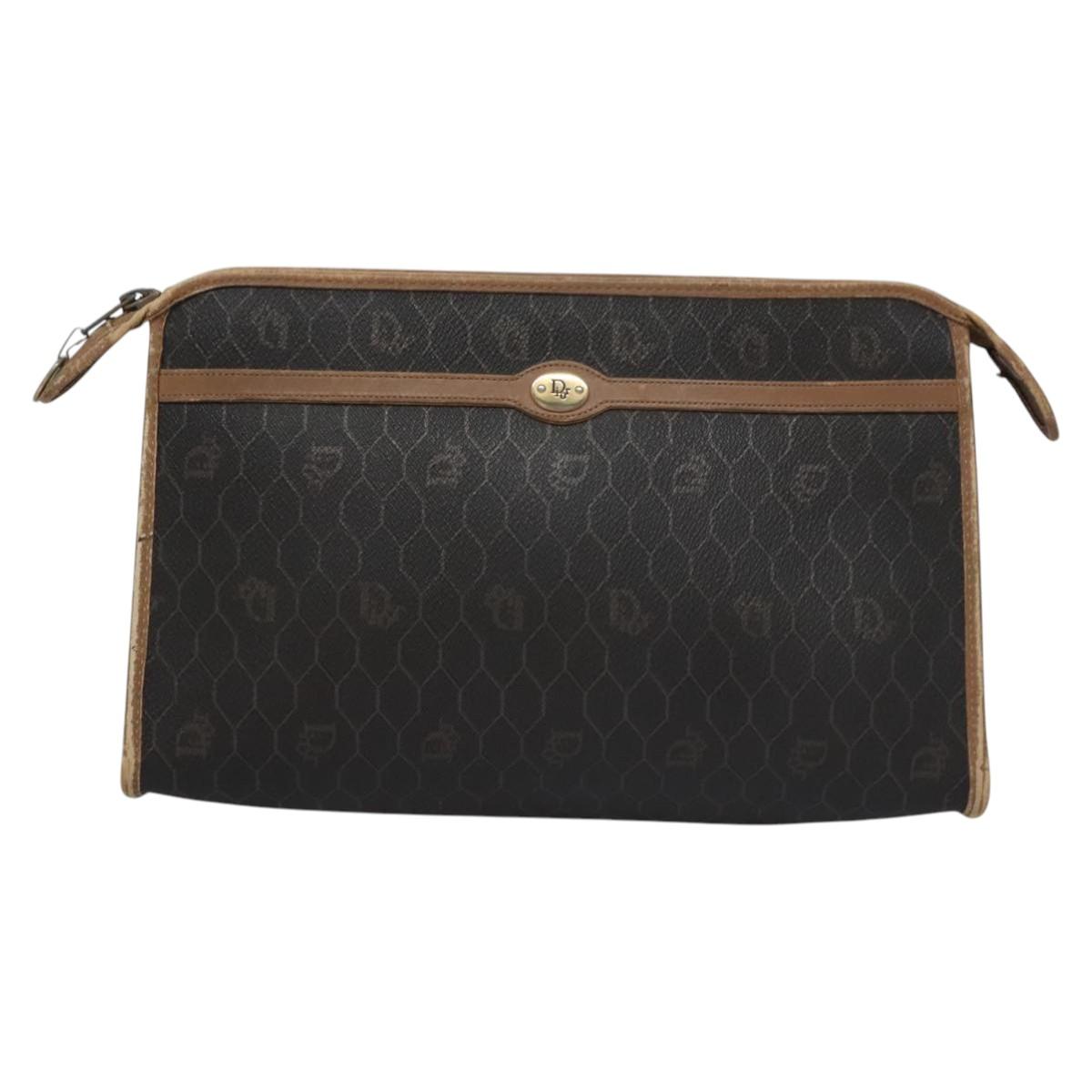 Christian Dior Honeycomb Canvas Clutch Bag PVC Leather Black Auth ti2901
