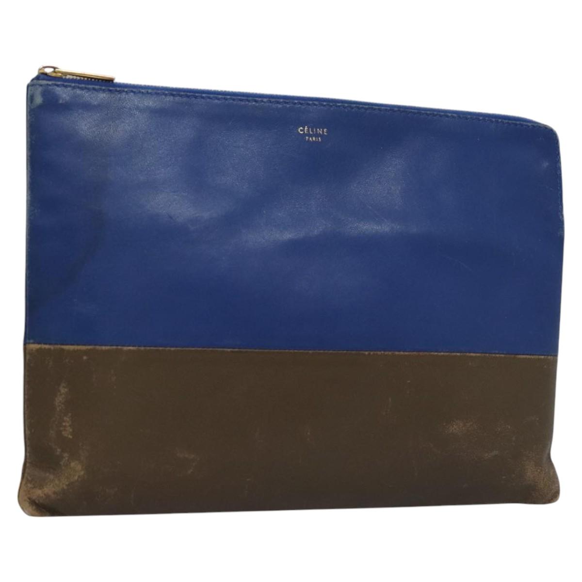 CELINE Pouch Leather Blue Gold Auth ti2920