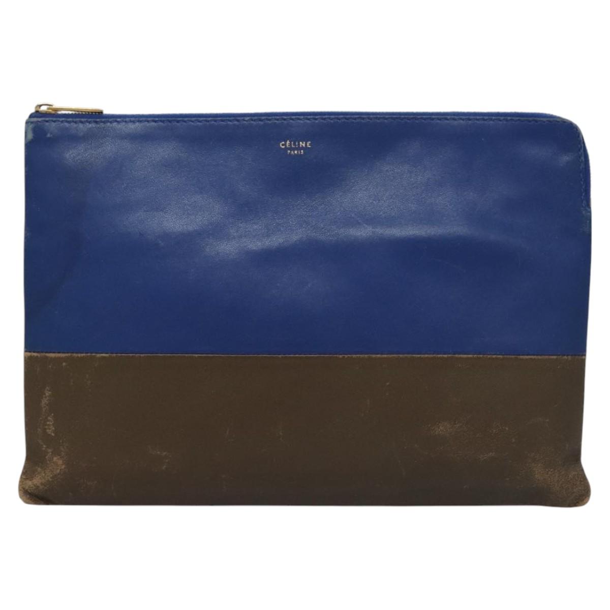 CELINE Pouch Leather Blue Gold Auth ti2920