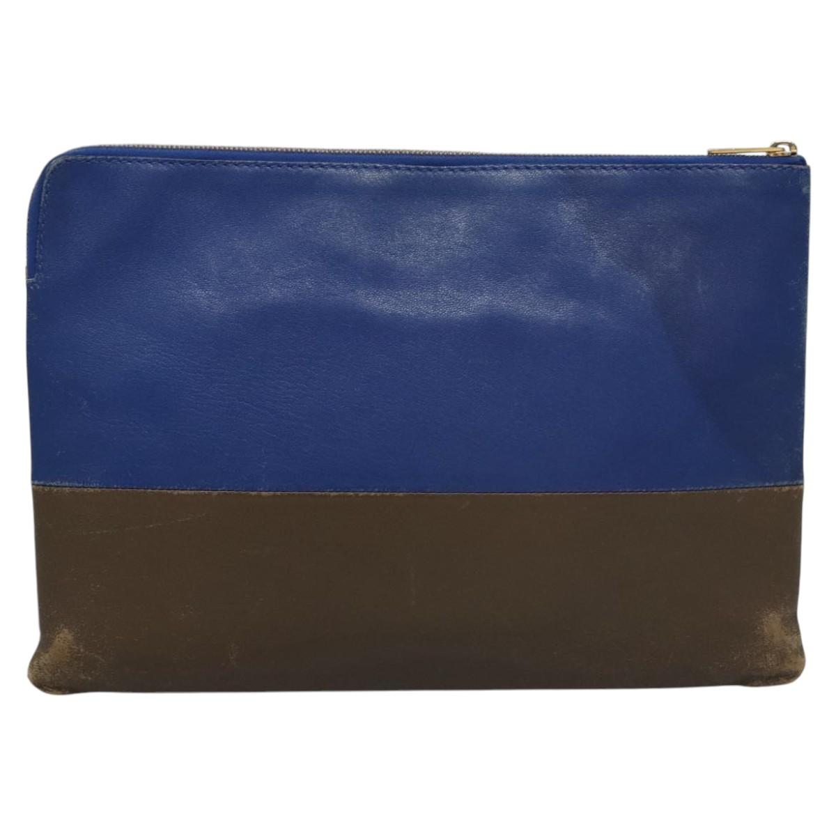 CELINE Pouch Leather Blue Gold Auth ti2920