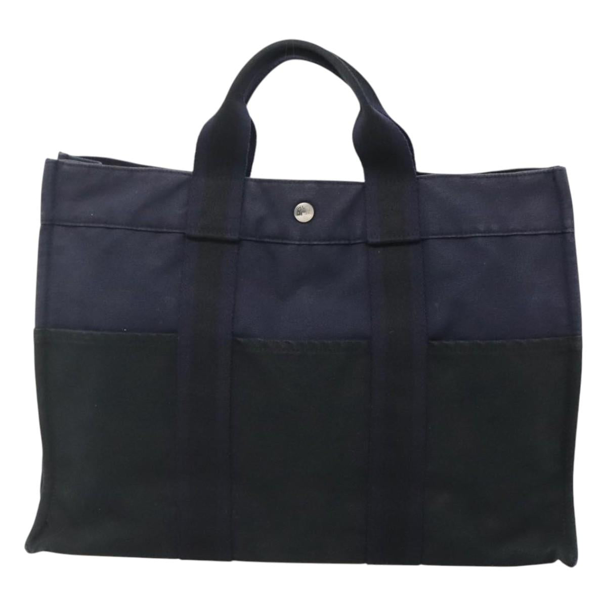 HERMES Fourre Tout MM Hand Bag Canvas Navy Black Silver Auth ti3035
