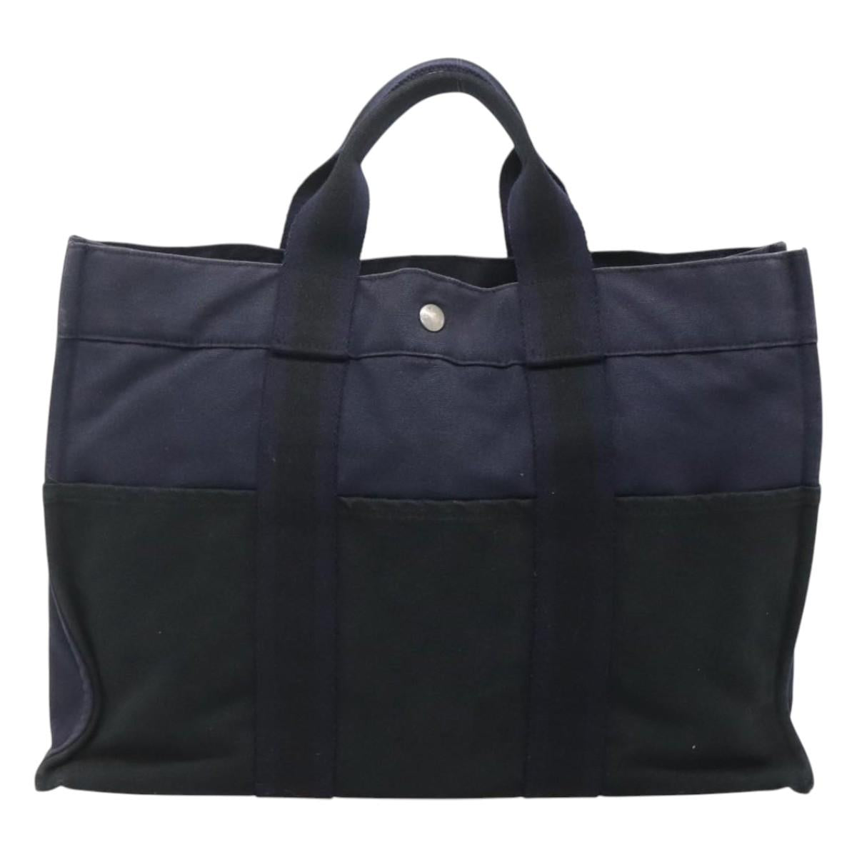 HERMES Fourre Tout MM Hand Bag Canvas Navy Black Silver Auth ti3035