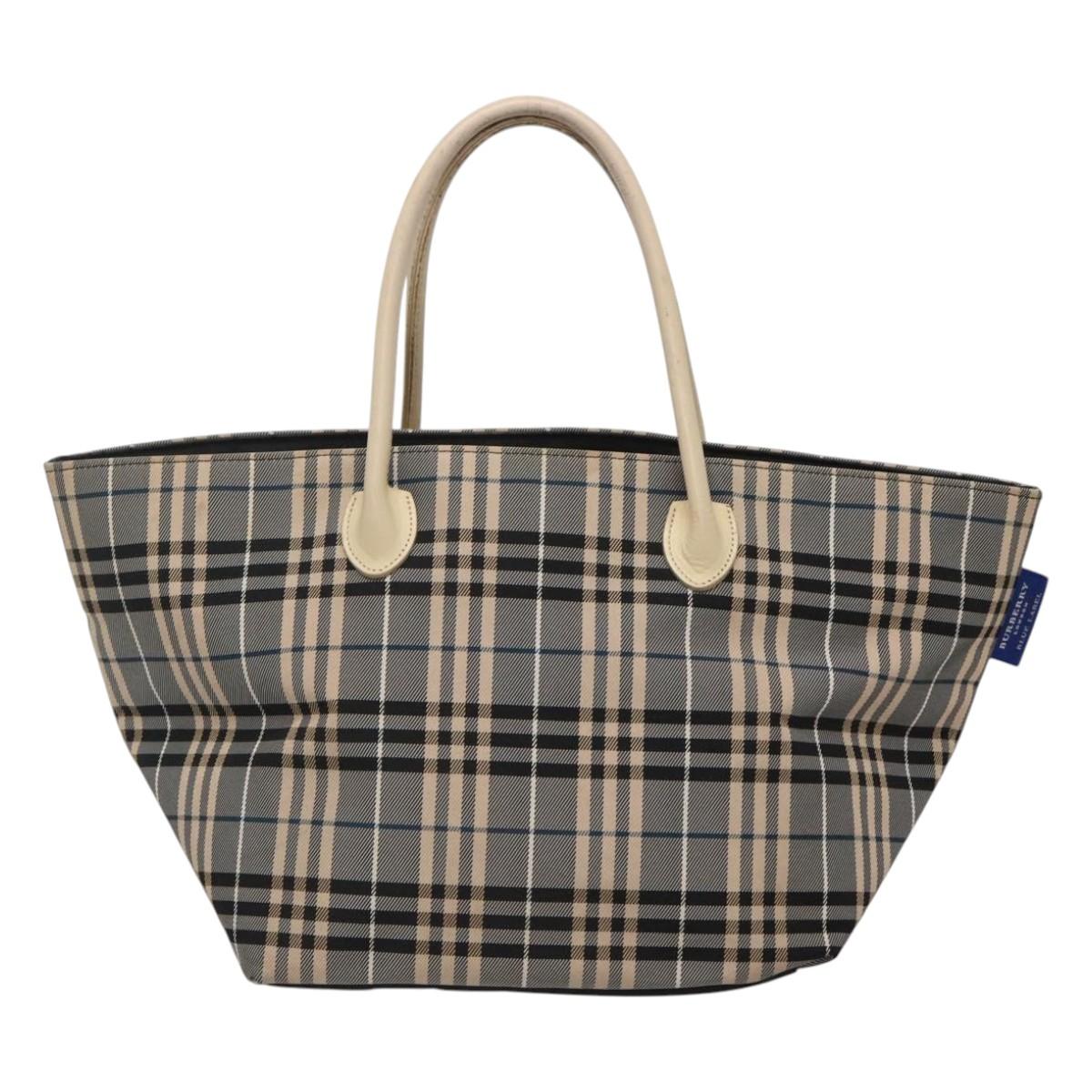 BURBERRY Nova Check Blue Label Hand Bag Nylon Gray Silver Auth ti3042
