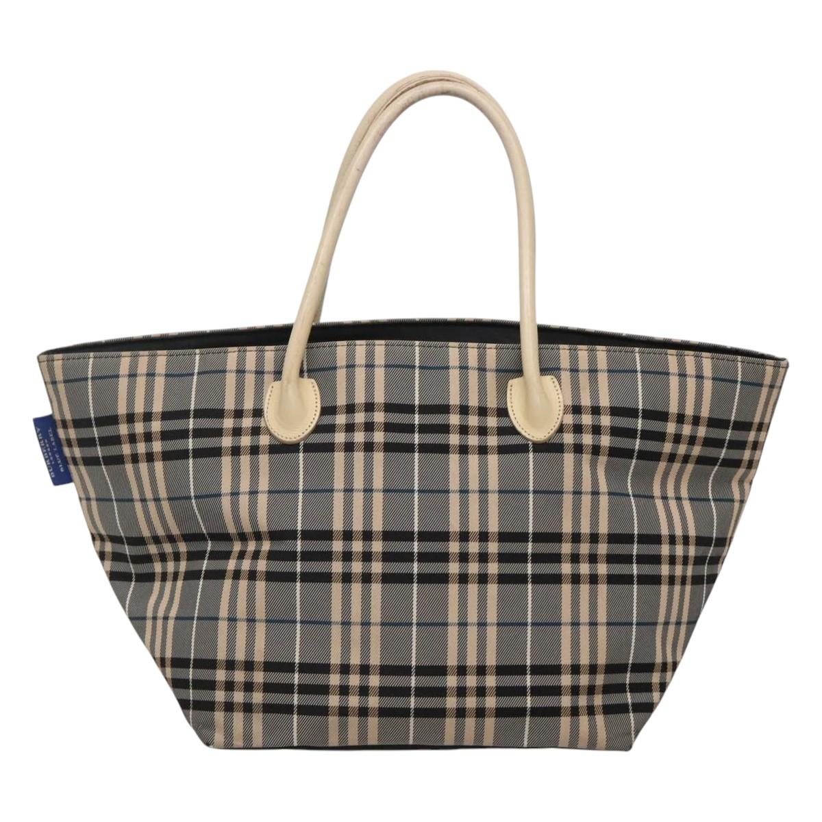 BURBERRY Nova Check Blue Label Hand Bag Nylon Gray Silver Auth ti3042