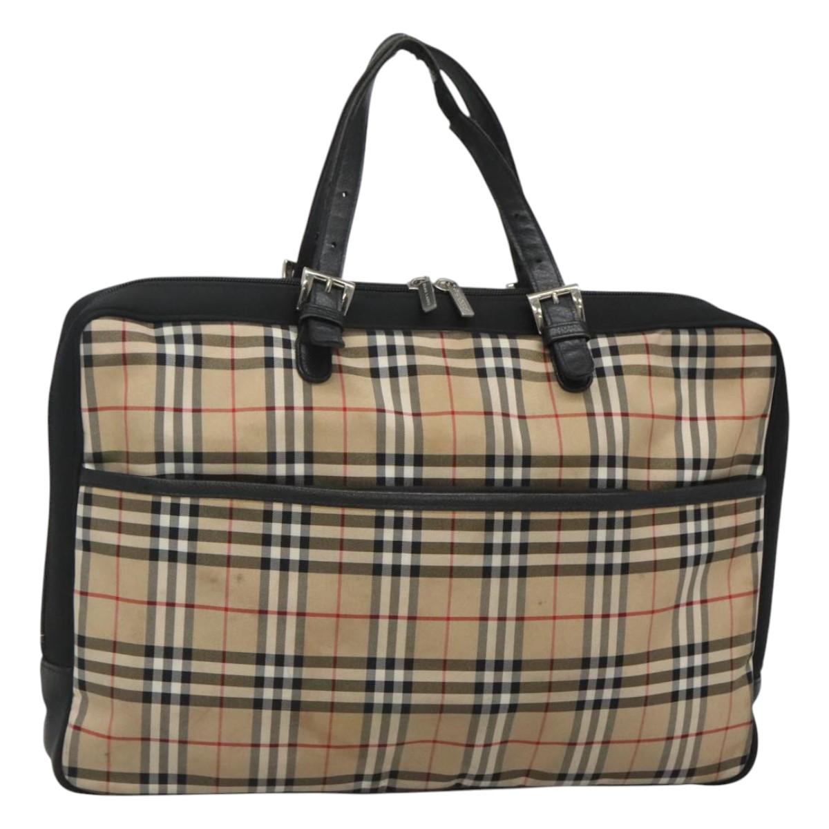 Burberrys Nova Check Blue Label Hand Bag Nylon Beige Silver Auth ti3086