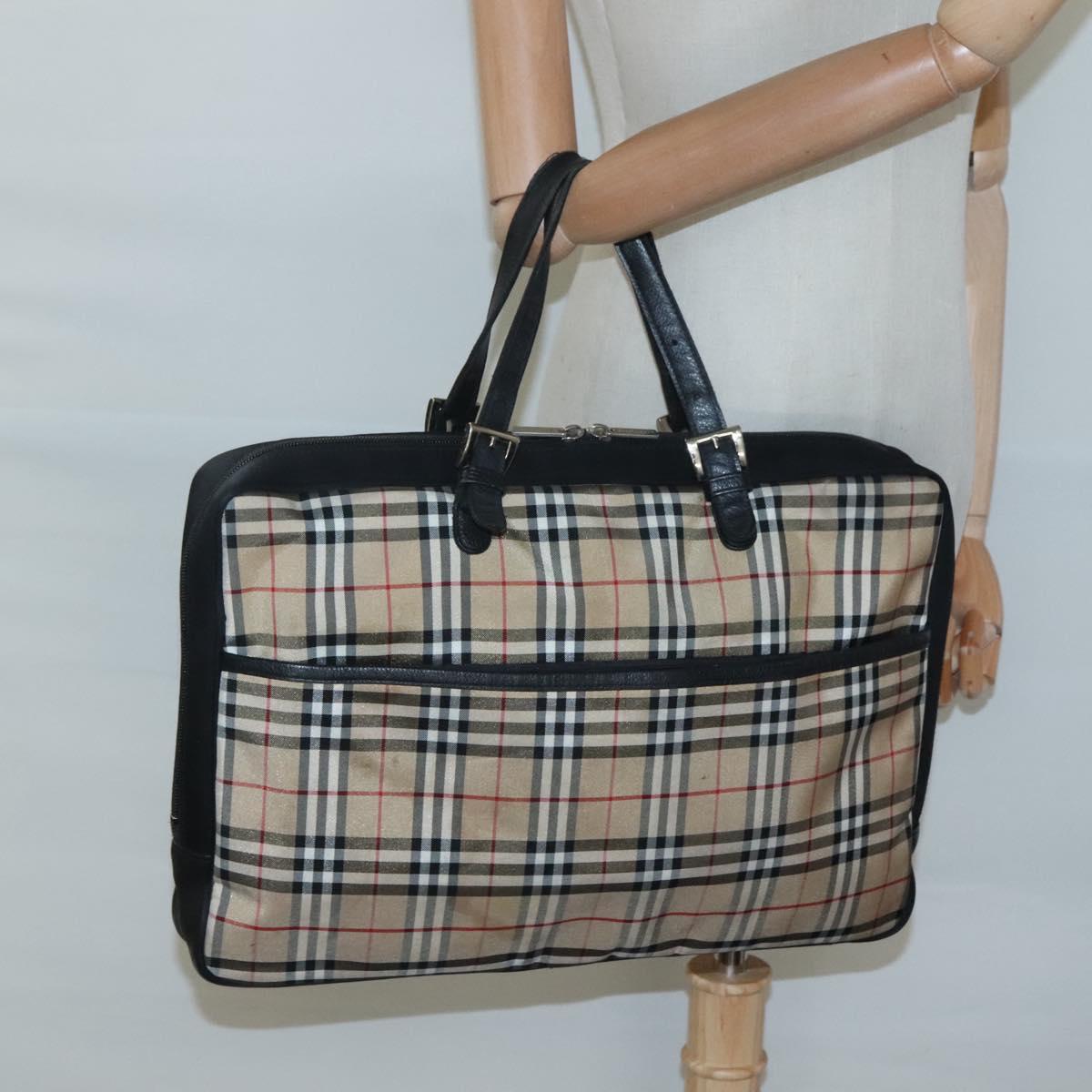 Burberrys Nova Check Blue Label Hand Bag Nylon Beige Silver Auth ti3086