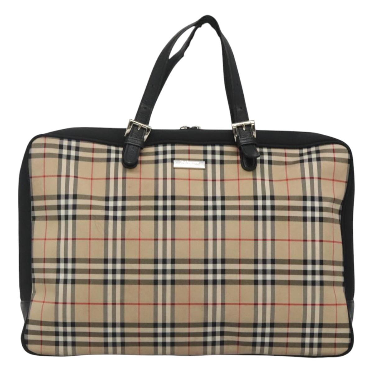 Burberrys Nova Check Blue Label Hand Bag Nylon Beige Silver Auth ti3086