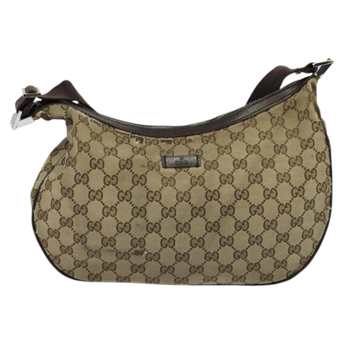 GUCCI GG Canvas Shoulder Bag Beige Silver 122790 Auth ti3091