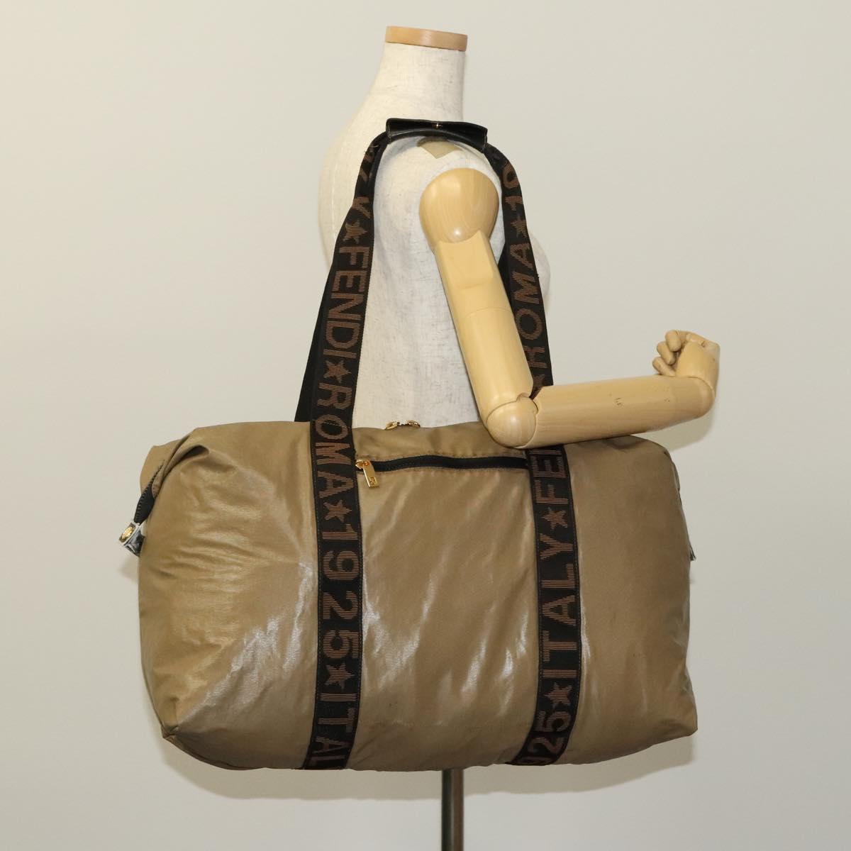 FENDI Boston Bag Nylon Brown Gold Auth ti3112